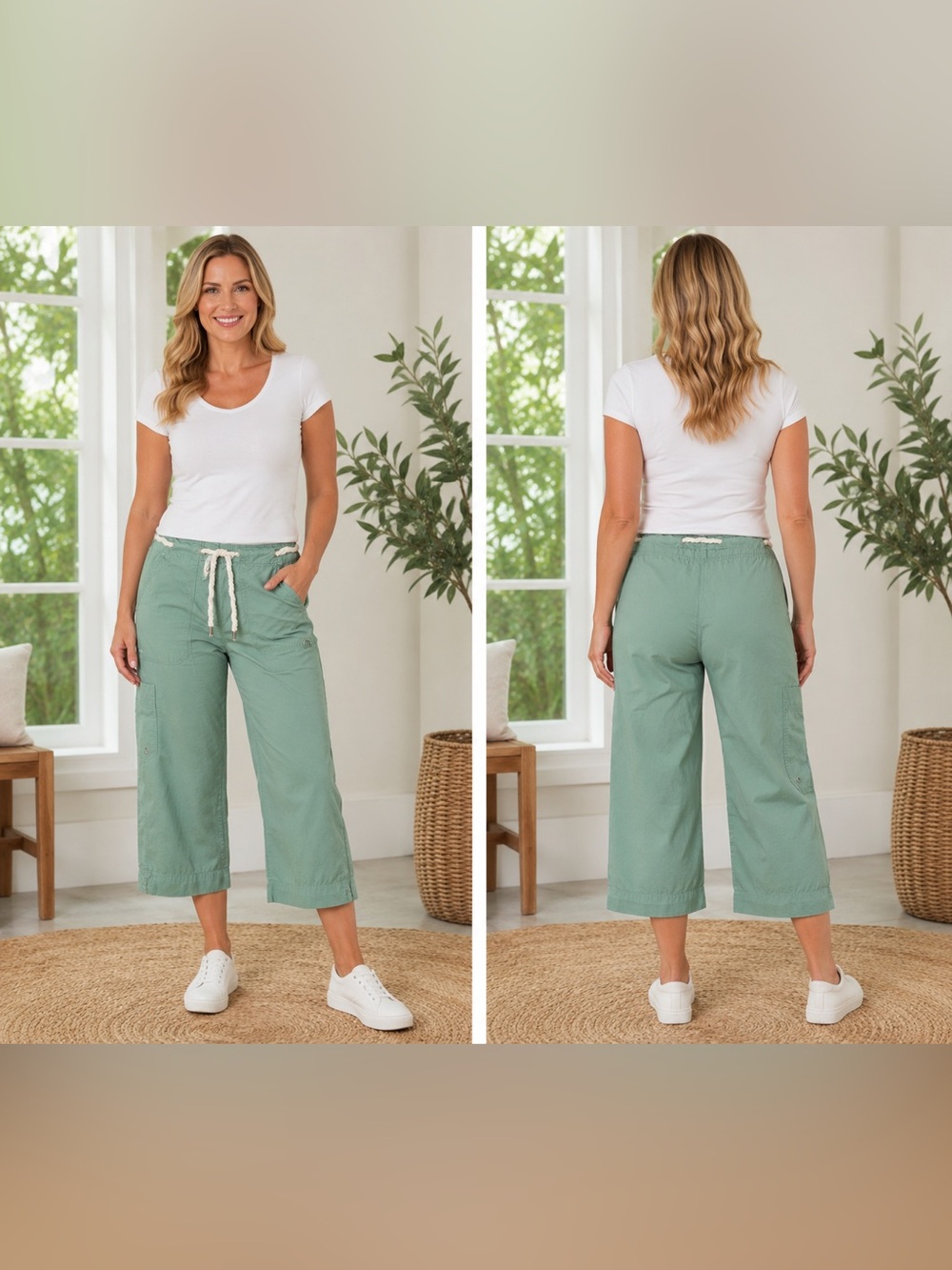 Lauren Ralph Lauren Petite 2 Mint Cargo Croppped Wide-Leg Drawstring Pants